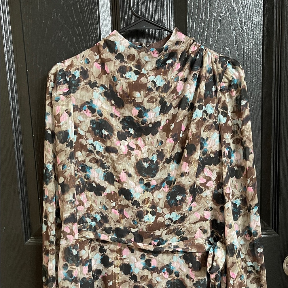 Express Brown Satin-Like Belted Dress with Pink & Blue Accents